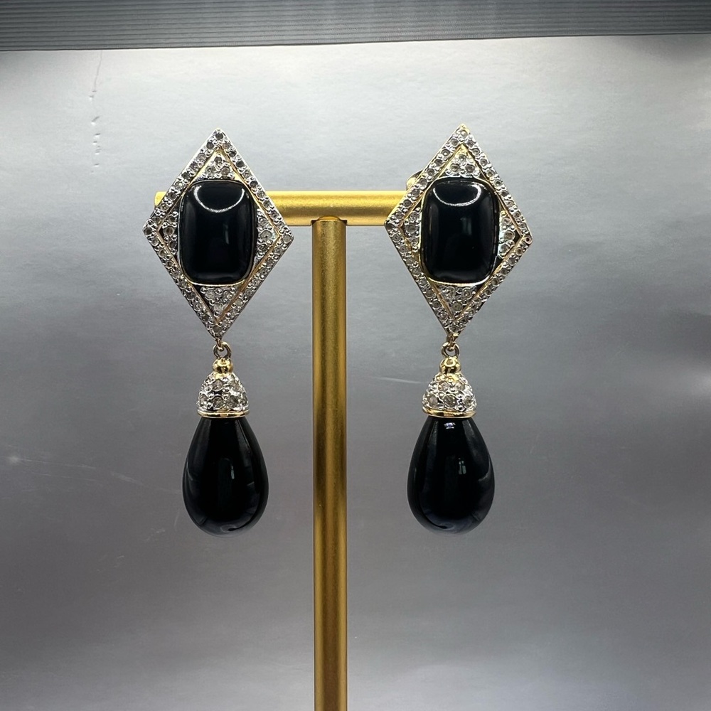 Valentino - Elegant Black, Silver & Gold tone Drop Earrings with embedded stones